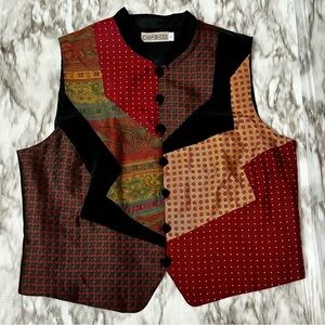 Vintage 80s 90s Silk Blend Patchwork Vest Sz L Boho Retro Tapestry Dark Acedemia
